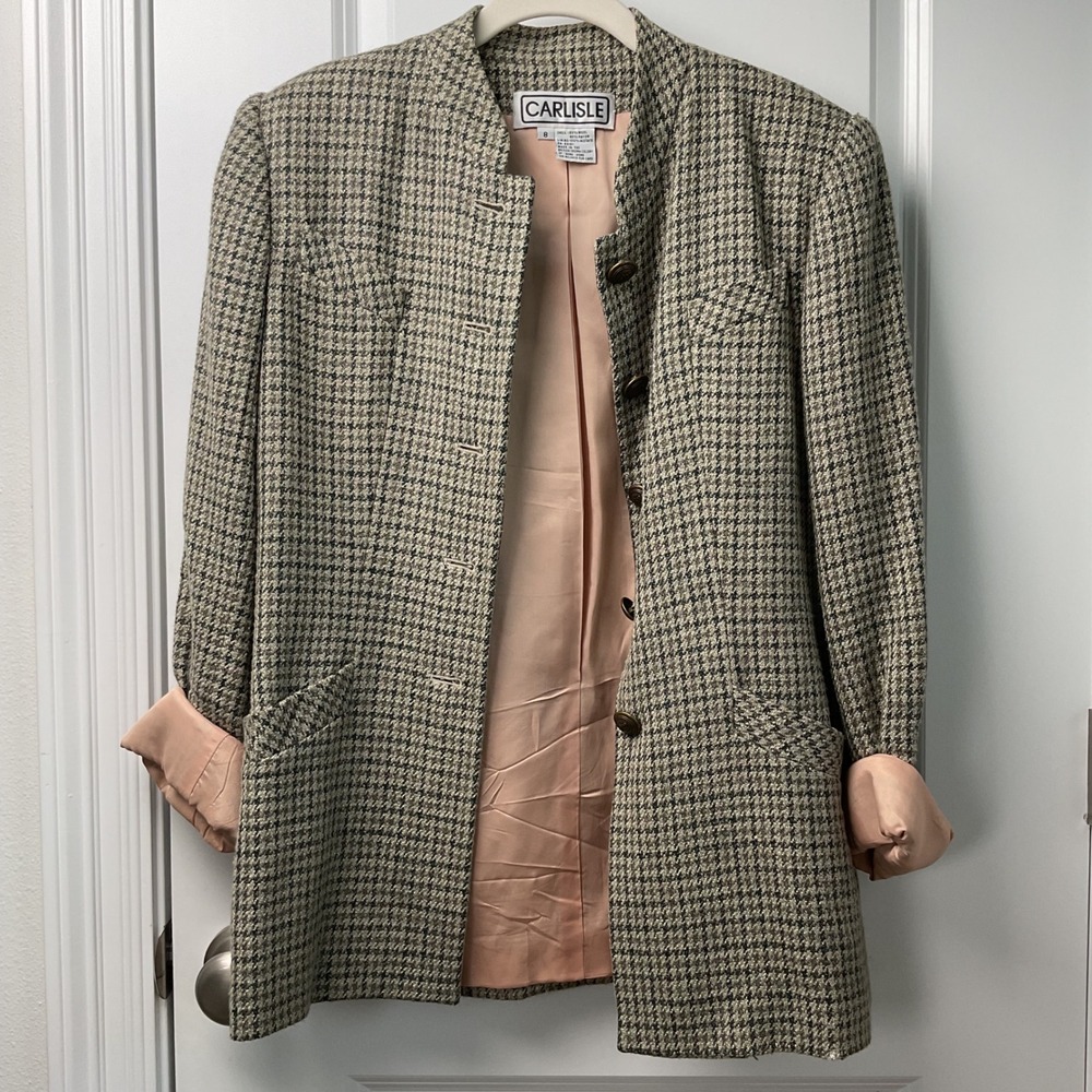 Vintage Carlisle Houndstooth Wool Blend Blazer Jacket Size 8‎ Career Business